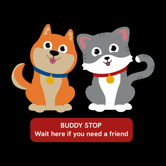 A dog and cat above a sign reading Buddy Stop, wait here if you need a friend