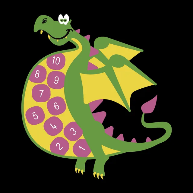 A green dragon design with a hopscotch numbered 1 to 10 along its body