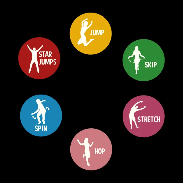 Six coloured circles reading jump, skip, stretch, hop, spin and star jumps