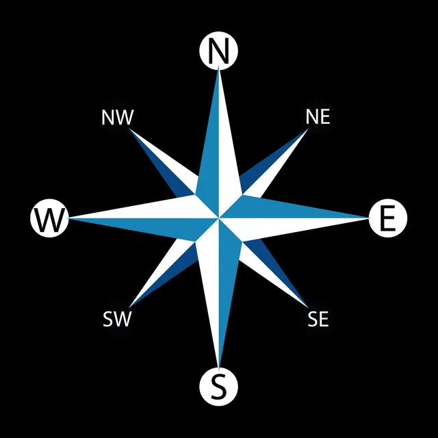A blue compass star with north, south, east, west and the points between