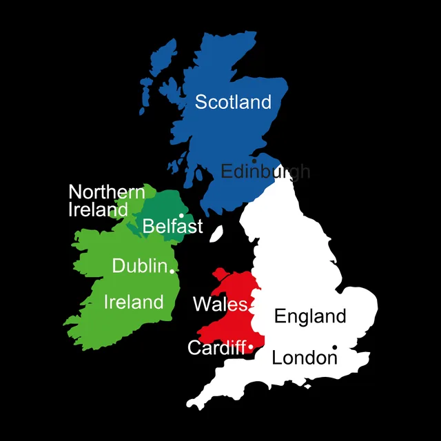 A map of the UK and Ireland with countries and capital cities labelled